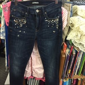 Express Dark Blue Embellished Ankle Jeans